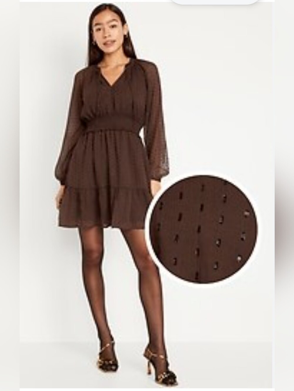 Old Navy Sheer Long Sleeve Ruffle Hem Waist Define Brown Shine Mini Dress Size M